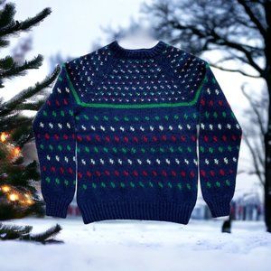 Handmade Sweater Youth (Boys or Girls) S / M Navy Background White Red Green EUC